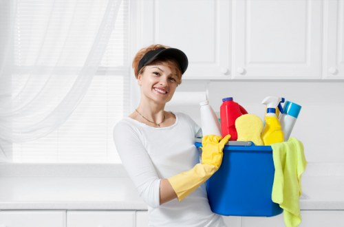 Cleaner assessing a carpet prior to treatment in a residential property
